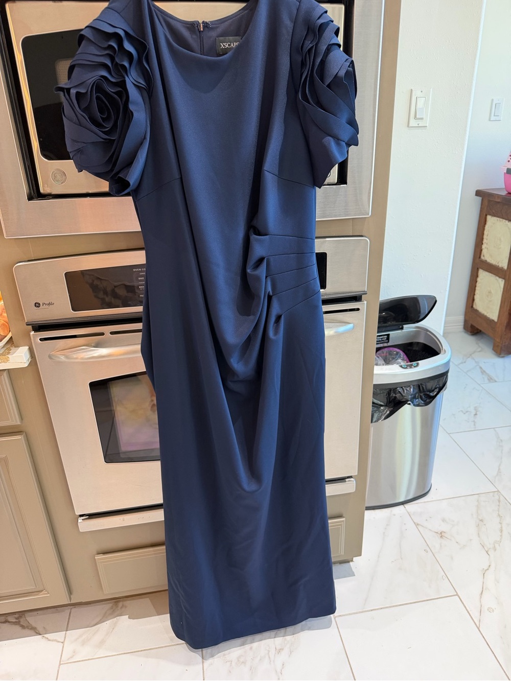 Xscape Navy Draped Maxi Dress with Rosette Sleeves - Picture 1 of 3